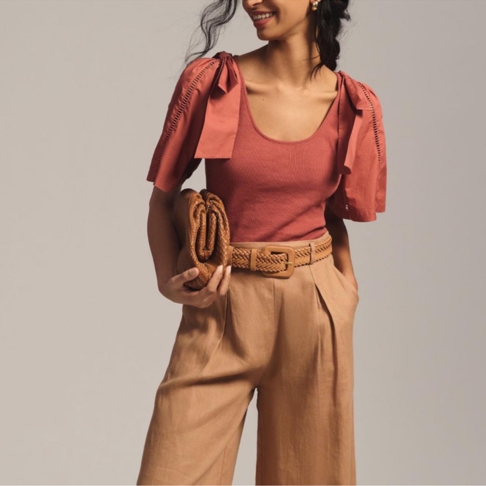 NWT Anthropologie Dolan Rose-Brown Short Sleeve BOW Knit Top, S